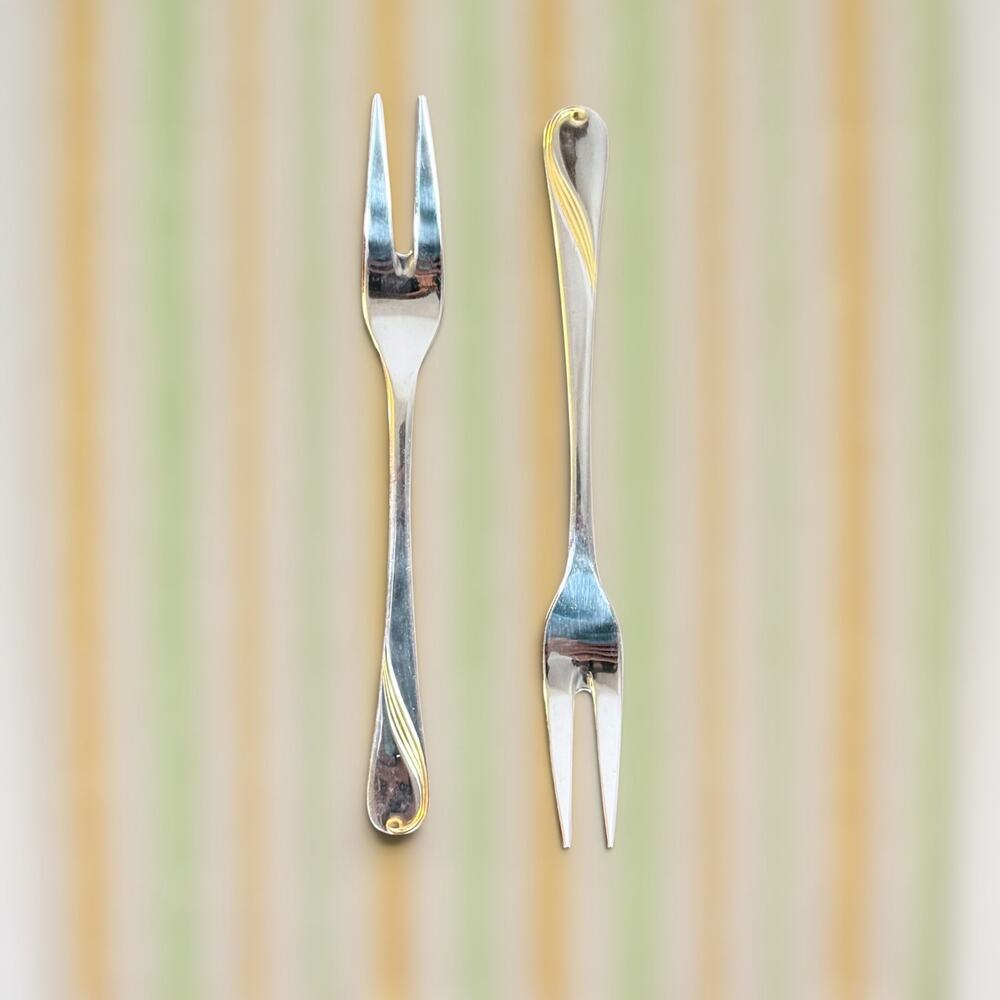 Solingen 18/10 Stainless Steel VTG Set of 2 Gold Swirl Appetizer Cocktail Forks